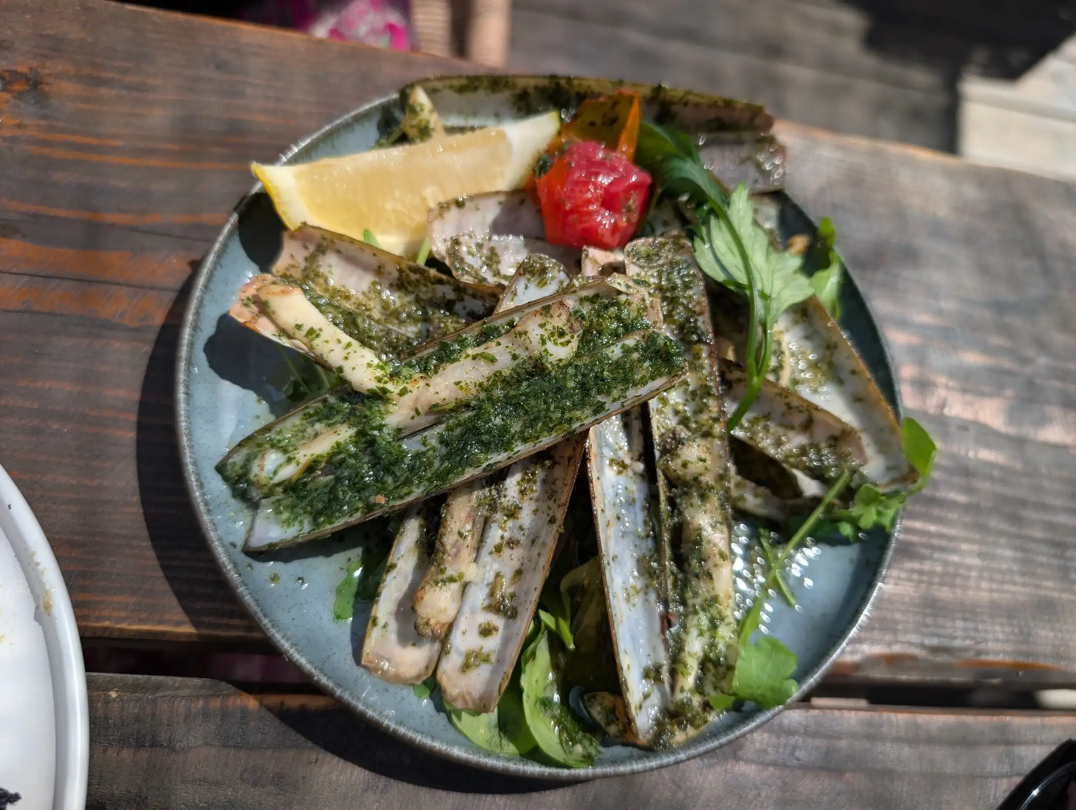 Couteaux grillés en persillade, servis sur un lit de salade